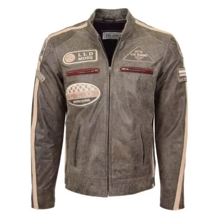 Mens Biker Leather Jacket with Badges Kurt Brown