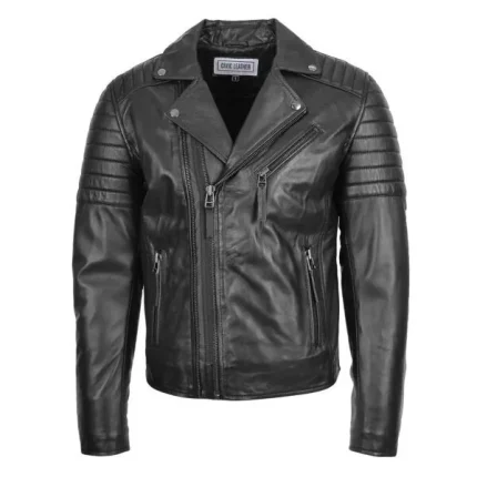 Mens Biker Leather Jacket Dual Zip Hook Black