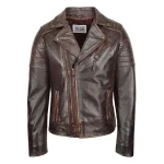 Mens Biker Leather Jacket Dual Zip Hook Brown Vintage