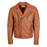 Mens Biker Leather Jacket Dual Zip Hook Tan