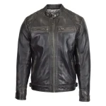 Mens Biker Leather Jacket Standing Collar Bowie Rub Off