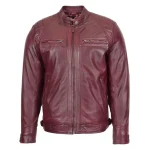 Mens Biker Leather Jacket Standing Collar Bowie Burgundy