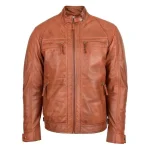 Mens Biker Leather Jacket Standing Collar Bowie Cognac Tan