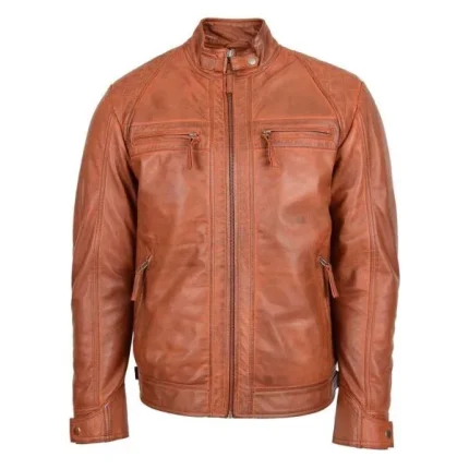 Mens Biker Leather Jacket Standing Collar Bowie Cognac Tan