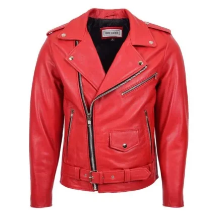 Mens Heavy Duty Leather Biker Brando Jacket Kyle Red