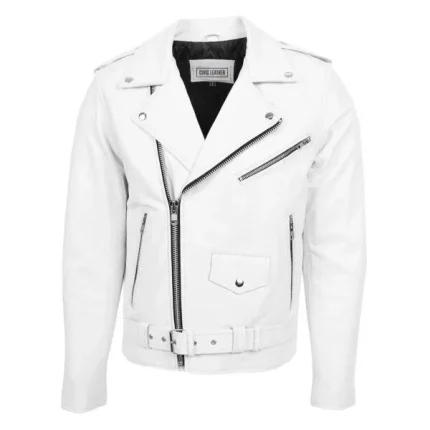 Mens Heavy Duty Leather Biker Brando Jacket Kyle White