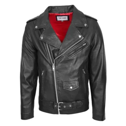 Mens Leather Biker Jacket Brando Style Johnny Black