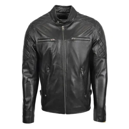 Mens Leather Biker Style Jacket with Quilt Detail Jackson Black