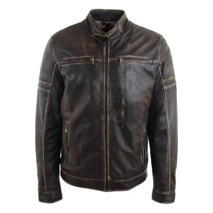 Mens Real Leather Biker Jacket Vintage Rub Off Effect RICKY