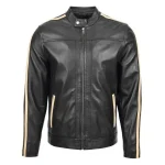 Mens Leather Biker Jacket with Racing Stripes Clyde Black