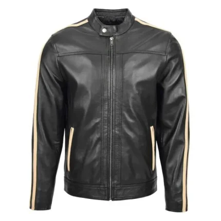 Mens Leather Biker Jacket with Racing Stripes Clyde Black