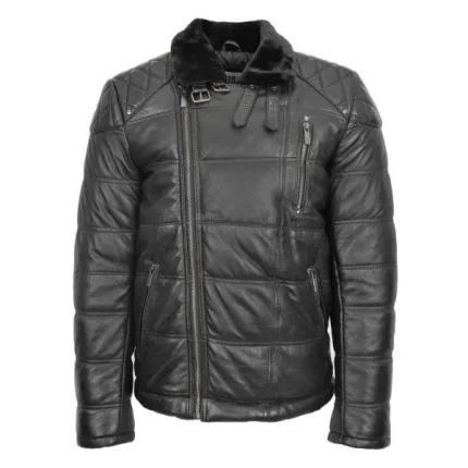 Mens Leather Biker Style Puffer Jacket Ronnie Black