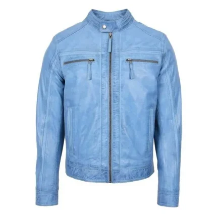 Mens Leather Cafe Racer Biker Jacket Charlie Sky Blue