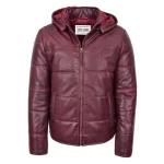 Mens Leather Hooded Puffer Jacket Rory Burgundy