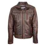 Mens Leather Urban Biker Style Jacket Hugo Brown Vintage