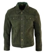 Real Suede Leather Mens Vintage Short Denim Style Retro Jean Jacket Casual – Olive Color