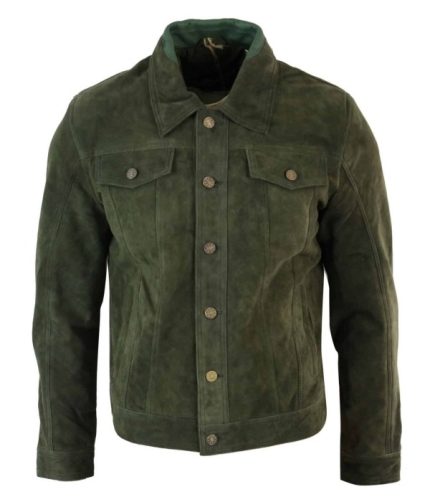 Real Suede Leather Mens Vintage Short Denim Style Retro Jean Jacket Casual – Olive Color