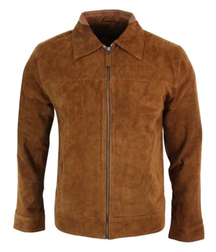 Infinity G500 Suede – Mens Real Leather Classic Zip Jacket Camel Turn Down Collar Vintage Retro