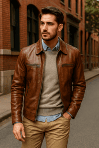 A light blue shirt and well-fitted chinos underneath