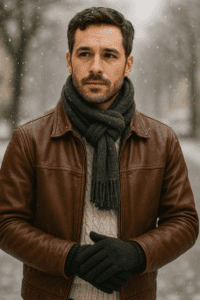 A thick wool sweater underneath will keep you warm, while the leather jacket adds that touch of sophistication