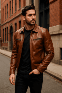 Brown leather jacket outfits for men can be just as versatile. Pairing it with black jeans creates a sharp contrast