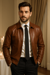 If you're heading to a cocktail party or a fancy dinner, the brown leather jacket can be a stylish alternative to traditional outerwear like a blazer or coat
