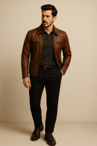 Start by pairing your brown leather jacket with a polo shirt