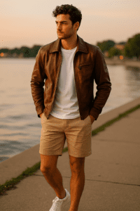 a brown leather jacket works great on cooler summer evenings. When the sun goes down, you can throw it over a t-shirt or tank top