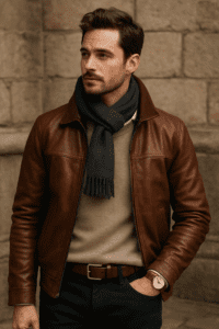 layer your brown leather jacket over a cashmere sweater