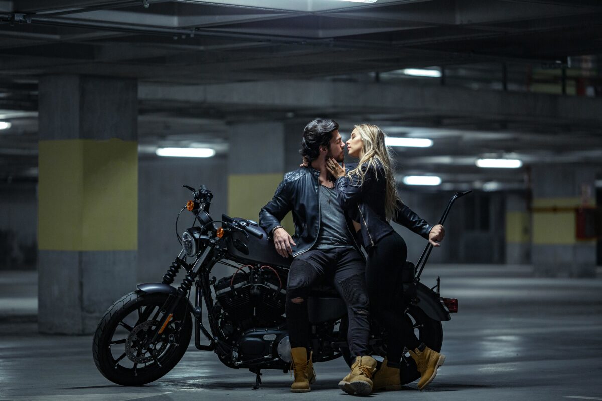 men and women black leather jacket outfit look