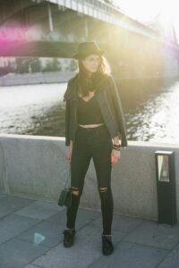 women in black leather jacket outfit 1
