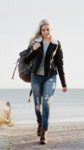 women in black leather jacket outfit 2